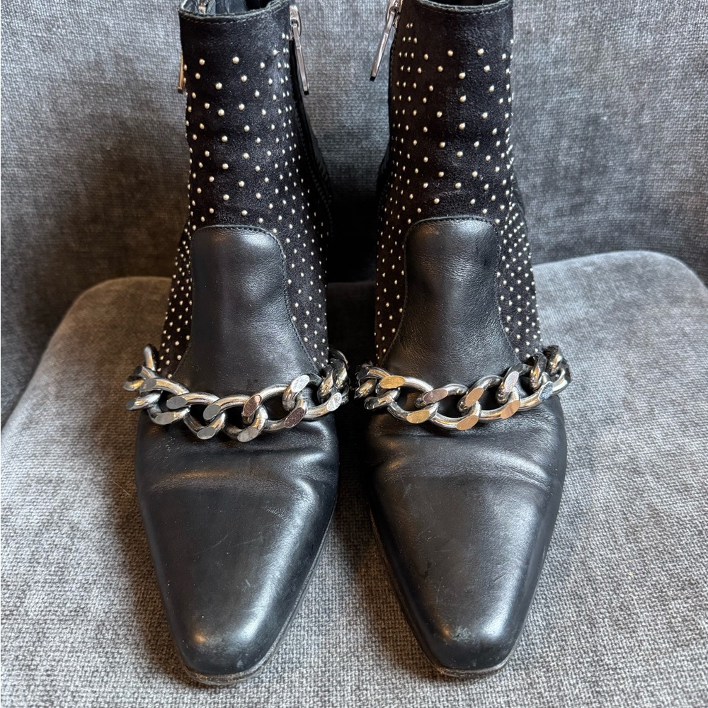 Balmain Black and Silver Ankle Boots with Chain Detail